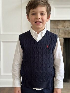 Ralph Lauren Navy Cable-Knit V-Neck Kids Sweater Vest with Red Logo